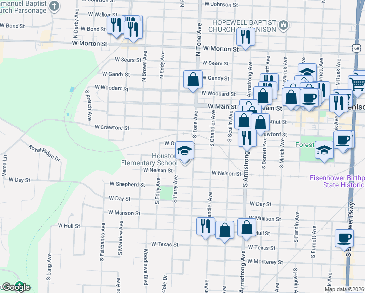 map of restaurants, bars, coffee shops, grocery stores, and more near 1120 West Owings Street in Denison