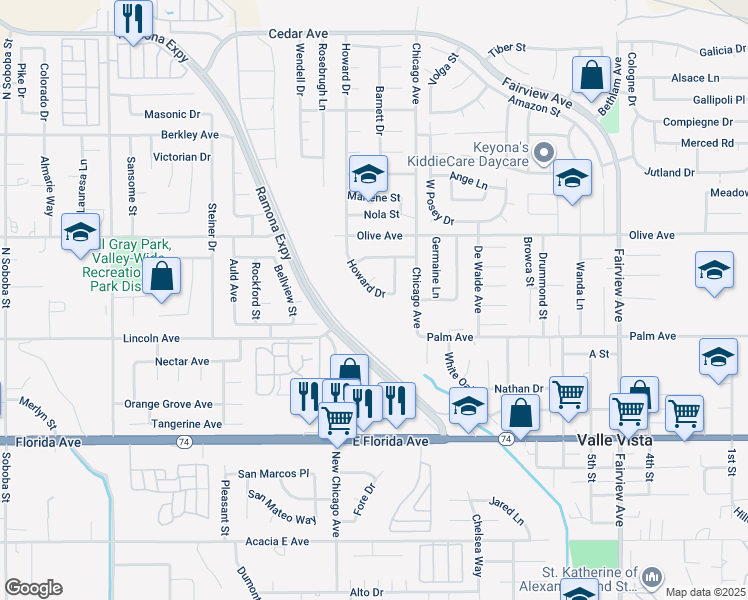 map of restaurants, bars, coffee shops, grocery stores, and more near 25337 Howard Drive in Hemet