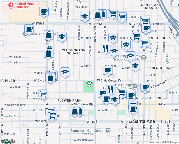map of restaurants, bars, coffee shops, grocery stores, and more near 912 North Olive Street in Santa Ana