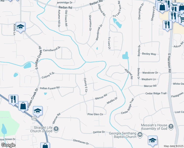 map of restaurants, bars, coffee shops, grocery stores, and more near 4379 Colony East Drive in Stone Mountain