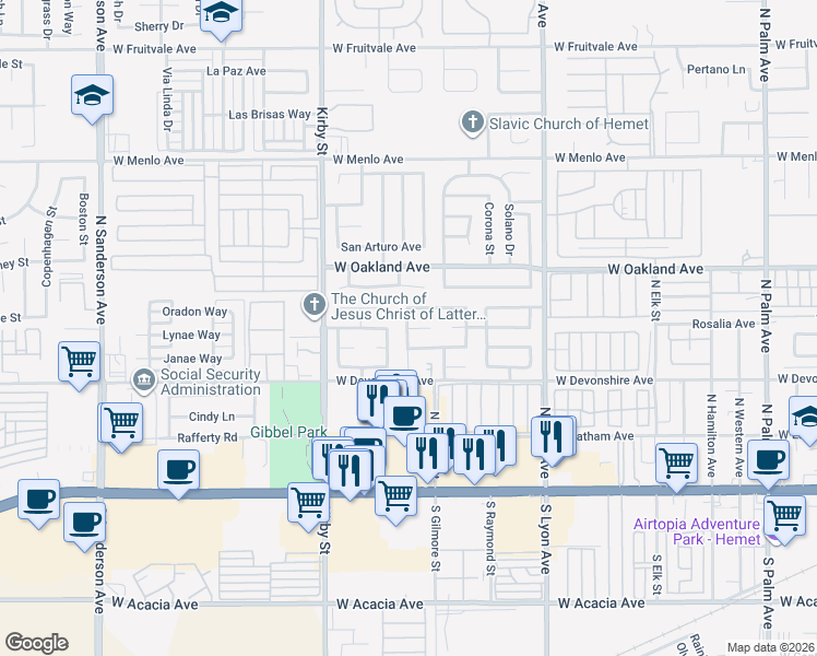map of restaurants, bars, coffee shops, grocery stores, and more near Avenue Miravella & Casita Court in Hemet