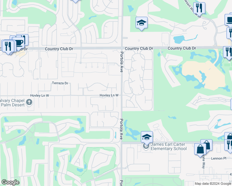 map of restaurants, bars, coffee shops, grocery stores, and more near 41771 Colada Court in Palm Desert