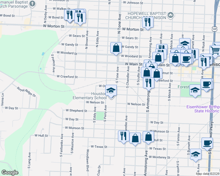 map of restaurants, bars, coffee shops, grocery stores, and more near 1120 West Owings Street in Denison