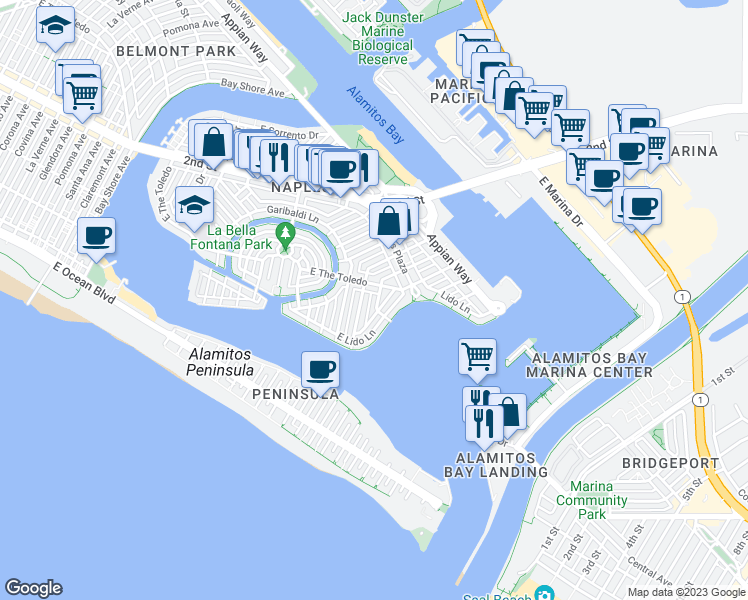 map of restaurants, bars, coffee shops, grocery stores, and more near 75 Angelo Walk in Long Beach