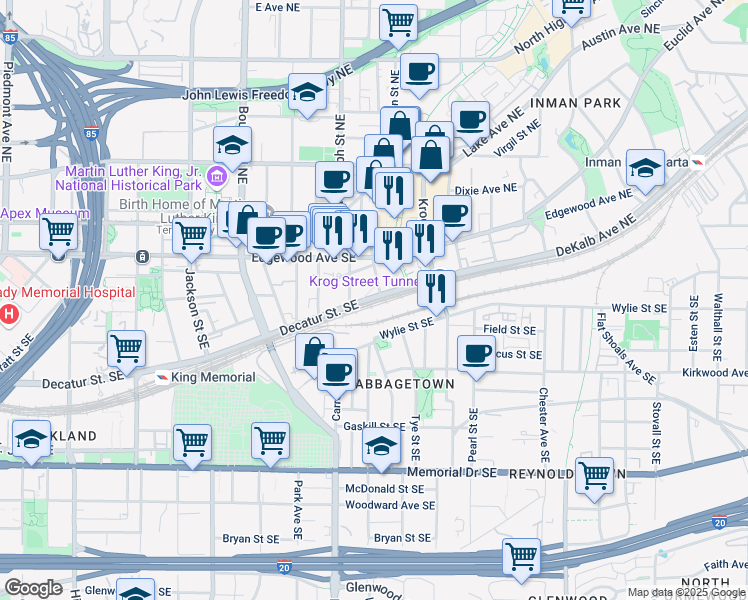 map of restaurants, bars, coffee shops, grocery stores, and more near 65 DeKalb Avenue Northeast in Atlanta