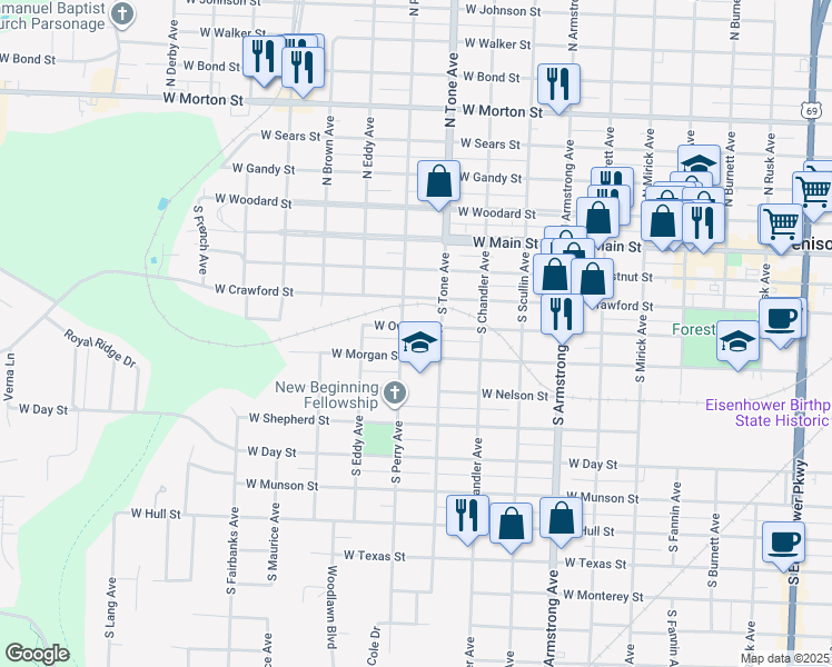map of restaurants, bars, coffee shops, grocery stores, and more near 1120 West Owings Street in Denison