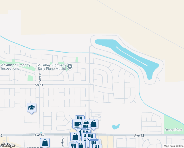 map of restaurants, bars, coffee shops, grocery stores, and more near 40587 Bear Creek Street in Indio