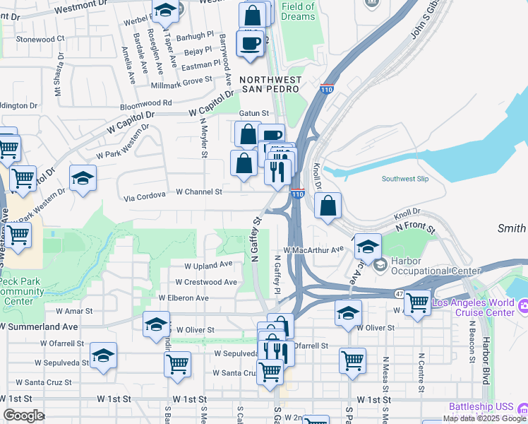 map of restaurants, bars, coffee shops, grocery stores, and more near N Gaffey St & Miraflores Ave in Los Angeles