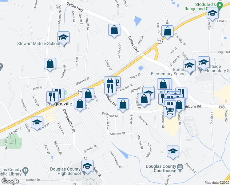 map of restaurants, bars, coffee shops, grocery stores, and more near 8341 Grady Street in Douglasville