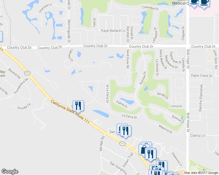 map of restaurants, bars, coffee shops, grocery stores, and more near 82 La Cerra Drive in Rancho Mirage