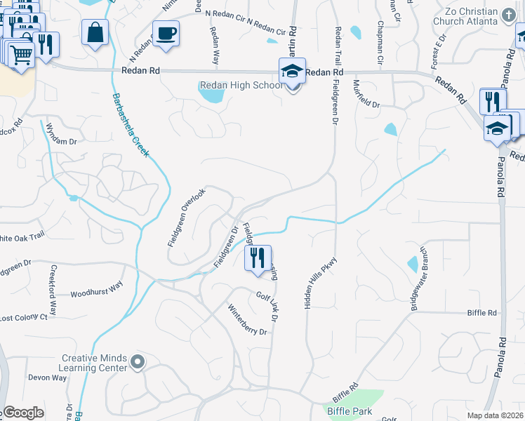map of restaurants, bars, coffee shops, grocery stores, and more near 5124 Rocky Glen in Stone Mountain
