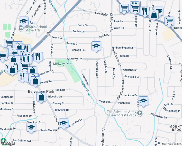 map of restaurants, bars, coffee shops, grocery stores, and more near 1386 Sandy Lane in Decatur