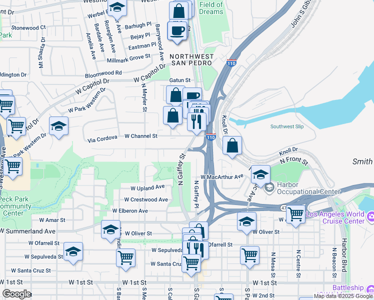 map of restaurants, bars, coffee shops, grocery stores, and more near 1001 North Gaffey Street in Los Angeles