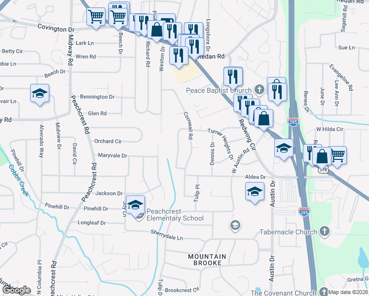 map of restaurants, bars, coffee shops, grocery stores, and more near 1391 Cornwall Road in Decatur
