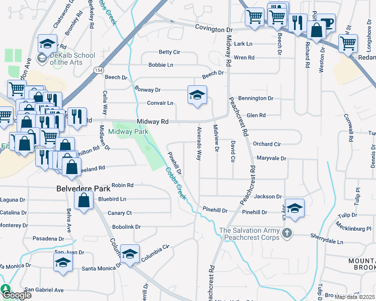 map of restaurants, bars, coffee shops, grocery stores, and more near 1386 Sandy Lane in Decatur