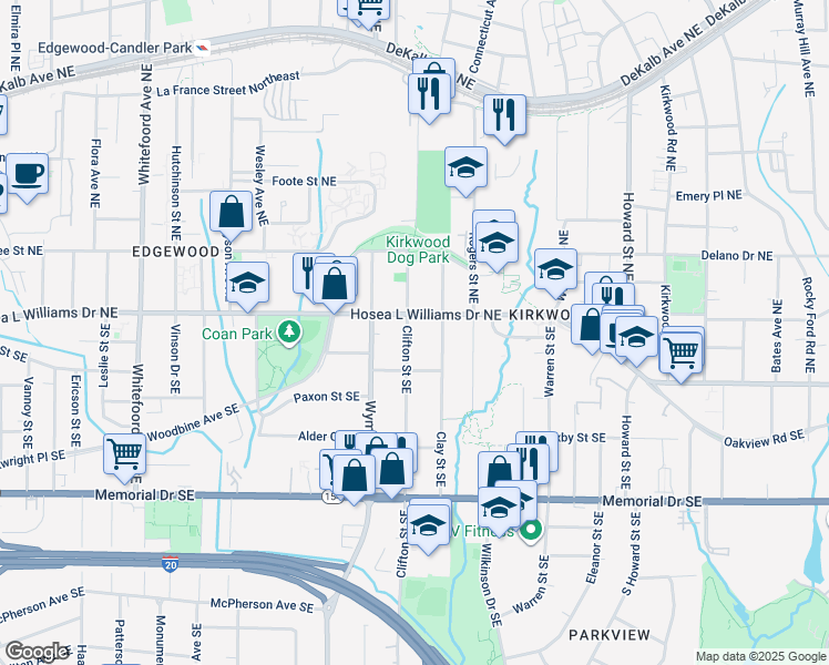 map of restaurants, bars, coffee shops, grocery stores, and more near 16 Clifton Street Southeast in Atlanta