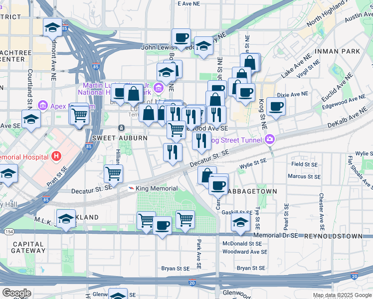 map of restaurants, bars, coffee shops, grocery stores, and more near 53 Daniel Street Southeast in Atlanta
