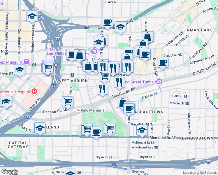 map of restaurants, bars, coffee shops, grocery stores, and more near 50 Daniel Street Southeast in Atlanta