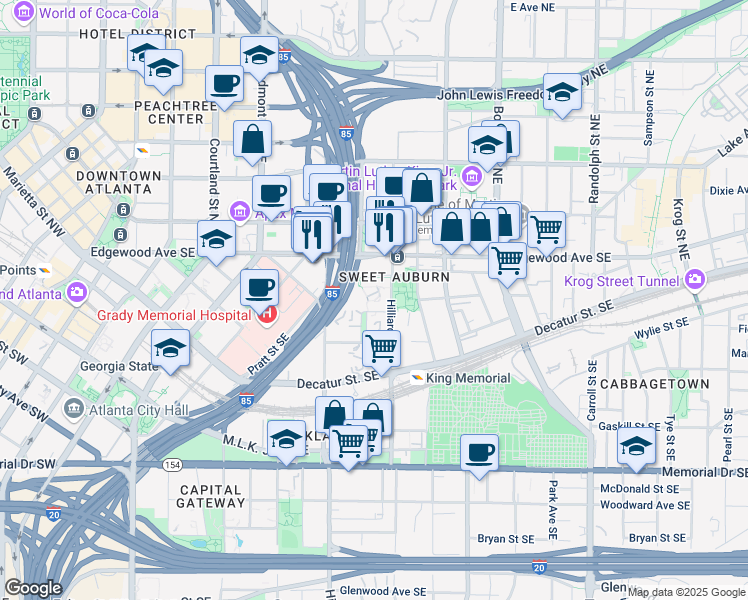 map of restaurants, bars, coffee shops, grocery stores, and more near 49 Hilliard Street Southeast in Atlanta