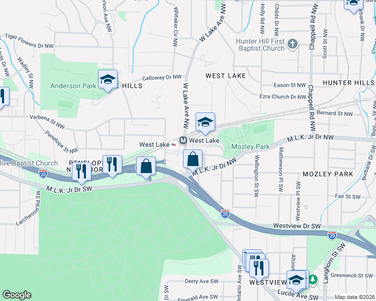 map of restaurants, bars, coffee shops, grocery stores, and more near 82 West Lake Avenue Northwest in Atlanta