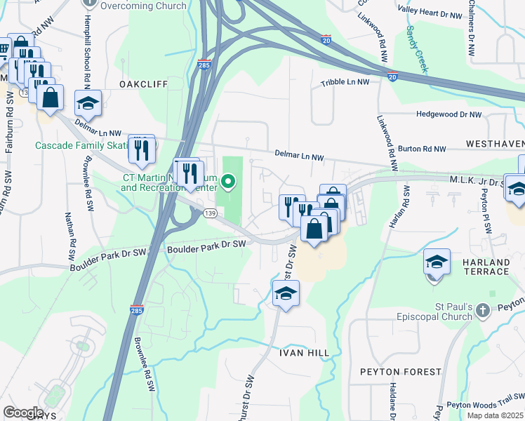 map of restaurants, bars, coffee shops, grocery stores, and more near 58 Allen Temple Court Northwest in Atlanta
