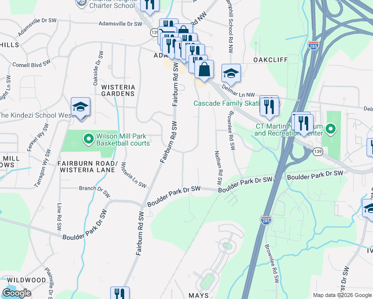 map of restaurants, bars, coffee shops, grocery stores, and more near 197 Howell Drive Southwest in Atlanta