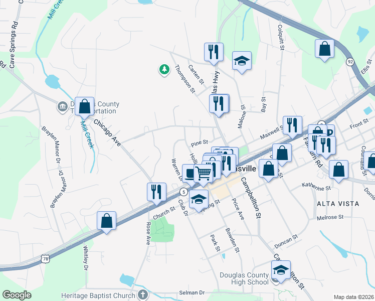 map of restaurants, bars, coffee shops, grocery stores, and more near 8307 Hollis Street in Douglasville