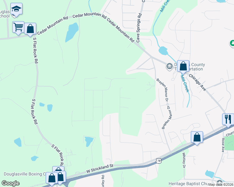 map of restaurants, bars, coffee shops, grocery stores, and more near 8367 Timberlane Drive in Douglasville