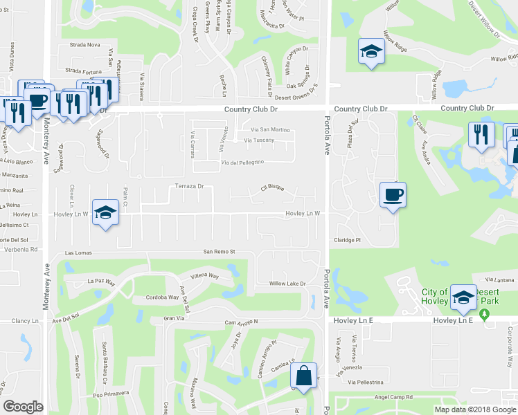 map of restaurants, bars, coffee shops, grocery stores, and more near 41725 Navarre Court in Palm Desert