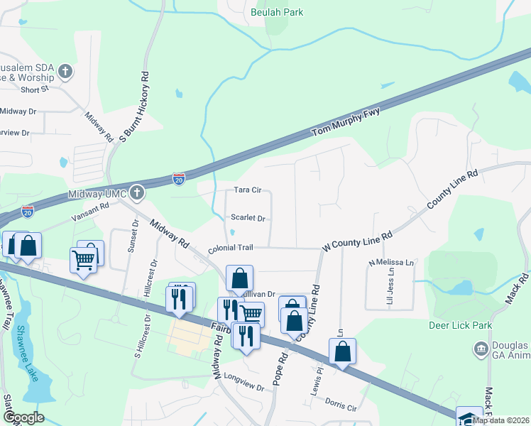 map of restaurants, bars, coffee shops, grocery stores, and more near 3664 Scarlet Drive in Douglasville
