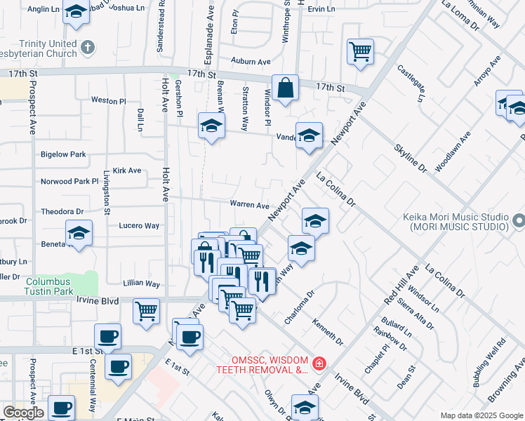 map of restaurants, bars, coffee shops, grocery stores, and more near 18632 Warren Avenue in Tustin