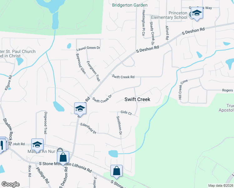 map of restaurants, bars, coffee shops, grocery stores, and more near 6461 Swift Creek Dr in Lithonia