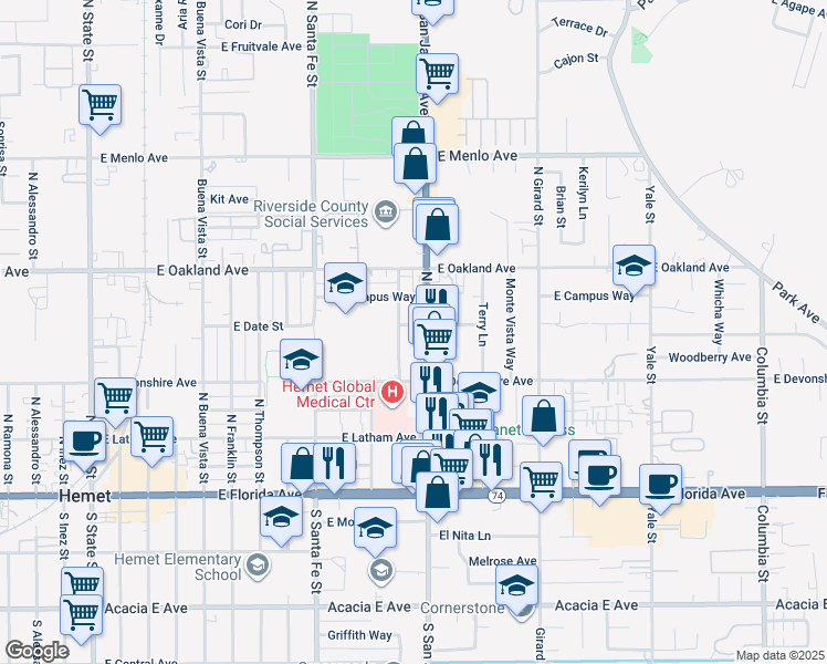 map of restaurants, bars, coffee shops, grocery stores, and more near 397 East Date Street in Hemet