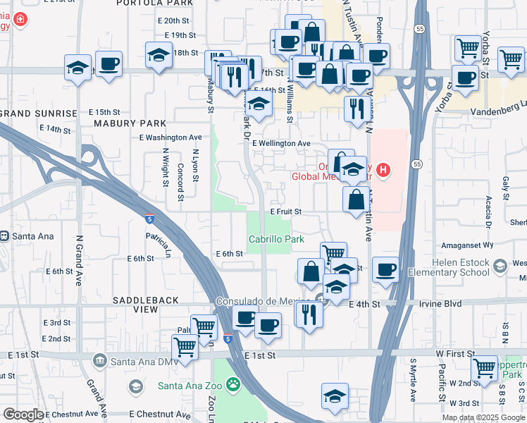 map of restaurants, bars, coffee shops, grocery stores, and more near Cabrillo Park Drive & East Fruit Street in Santa Ana