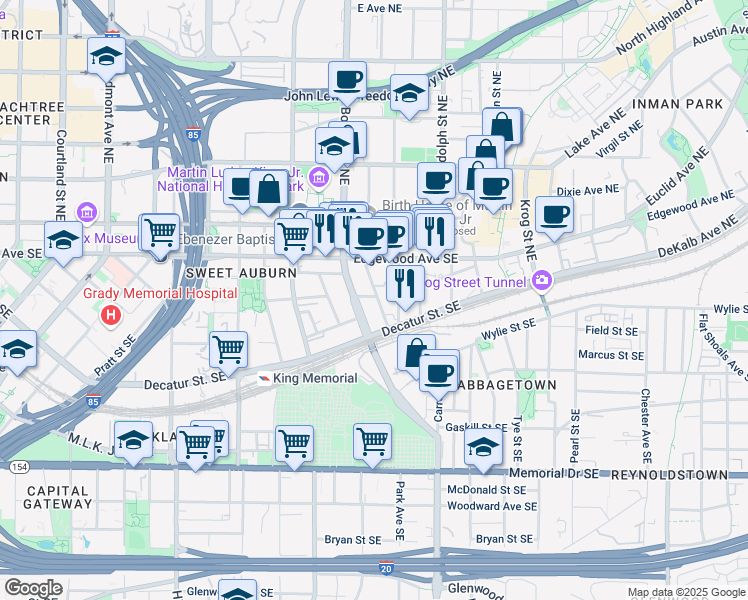 map of restaurants, bars, coffee shops, grocery stores, and more near 53 Daniel Street Southeast in Atlanta