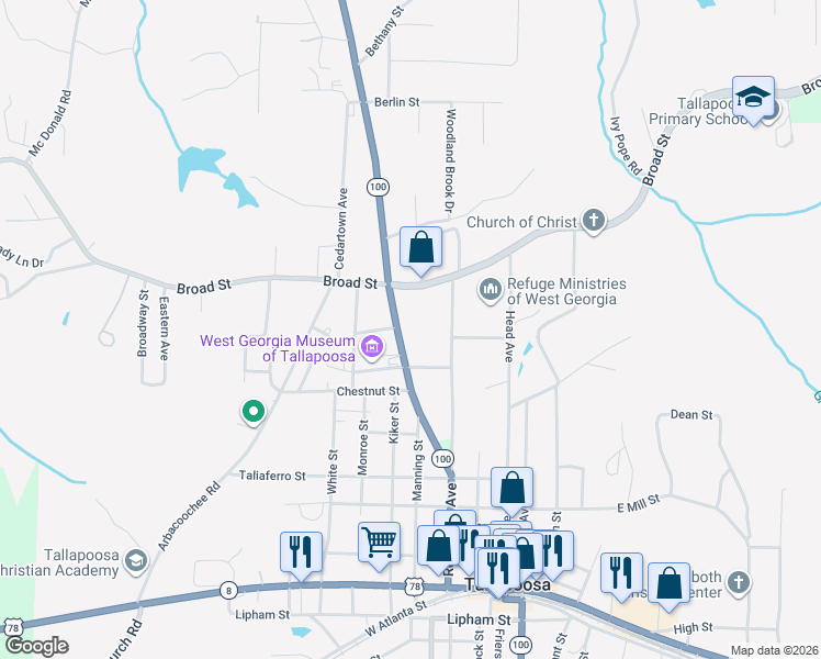 map of restaurants, bars, coffee shops, grocery stores, and more near 409 Bowdon Street in Tallapoosa