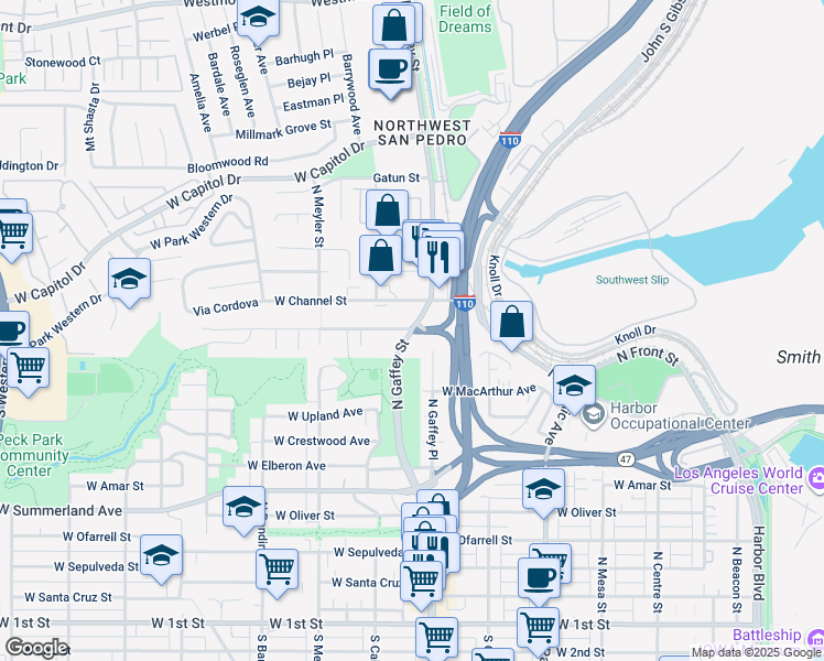 map of restaurants, bars, coffee shops, grocery stores, and more near N Gaffey St & Miraflores Ave in Los Angeles
