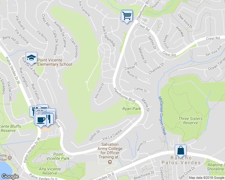 map of restaurants, bars, coffee shops, grocery stores, and more near 6965 Alta Vista Drive in Rancho Palos Verdes