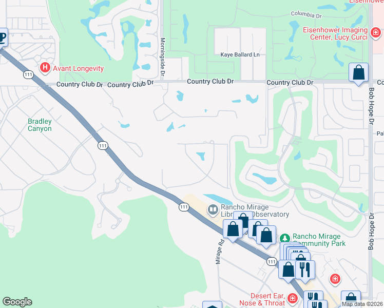 map of restaurants, bars, coffee shops, grocery stores, and more near 71170 West Thunderbird Terrace in Rancho Mirage