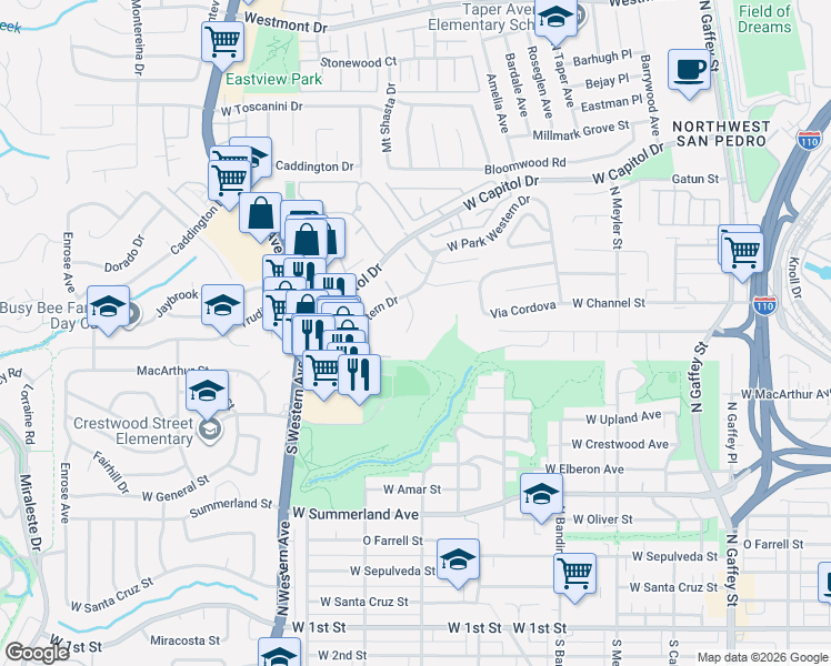 map of restaurants, bars, coffee shops, grocery stores, and more near 1214 Park Western Place in Los Angeles