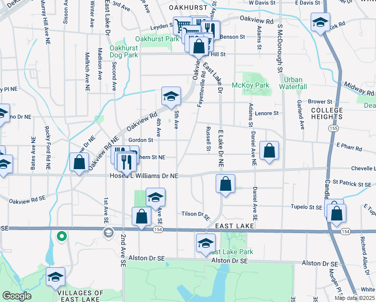 map of restaurants, bars, coffee shops, grocery stores, and more near 2500 Knox Street Northeast in Atlanta