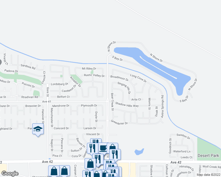 map of restaurants, bars, coffee shops, grocery stores, and more near 40587 Bear Creek Street in Indio