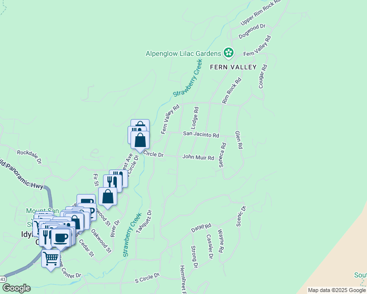 map of restaurants, bars, coffee shops, grocery stores, and more near 25460 Lodge Road in Idyllwild-Pine Cove