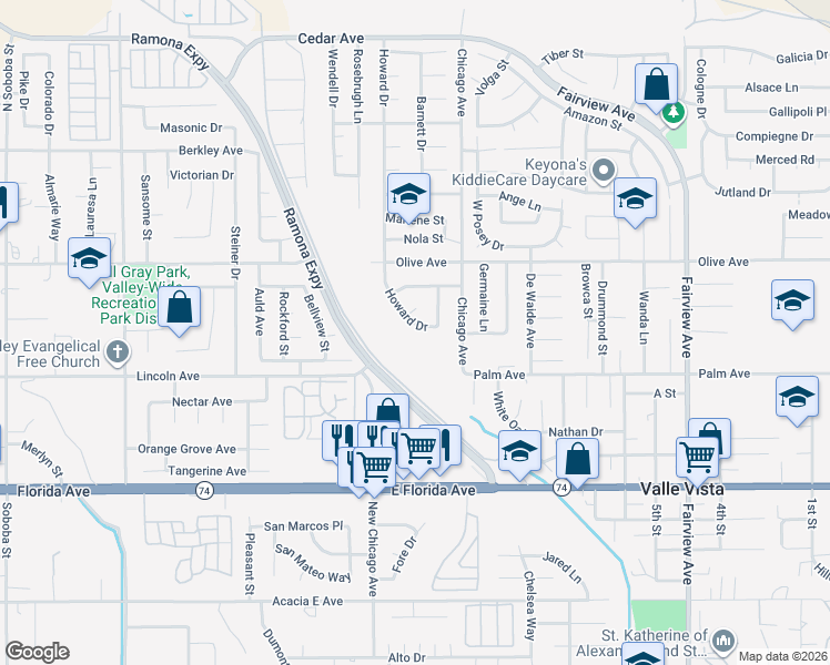 map of restaurants, bars, coffee shops, grocery stores, and more near 25337 Howard Drive in Hemet
