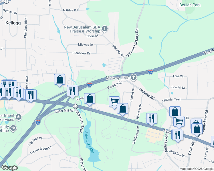 map of restaurants, bars, coffee shops, grocery stores, and more near 4160 Vansant Road in Douglasville