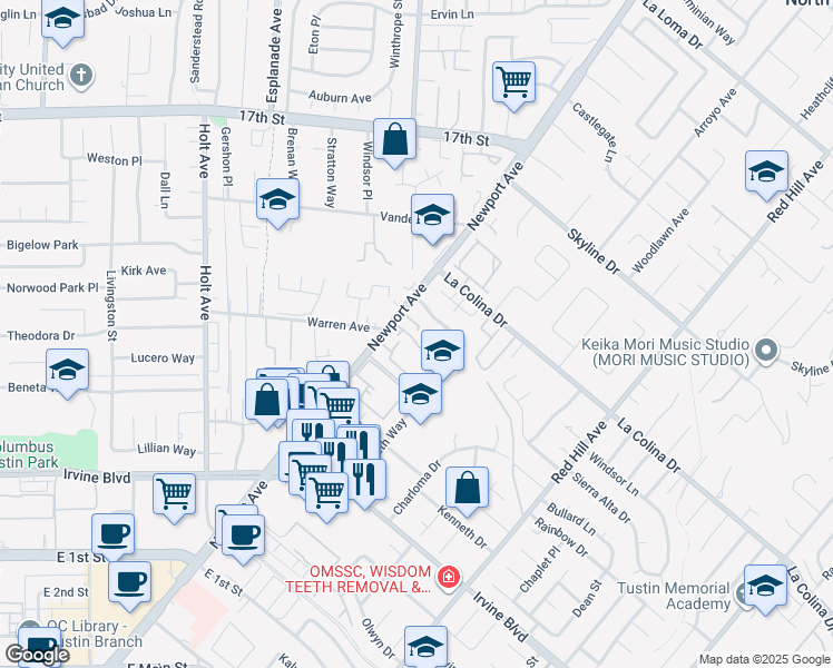 map of restaurants, bars, coffee shops, grocery stores, and more near 1055 Tustin Pines Way in Tustin