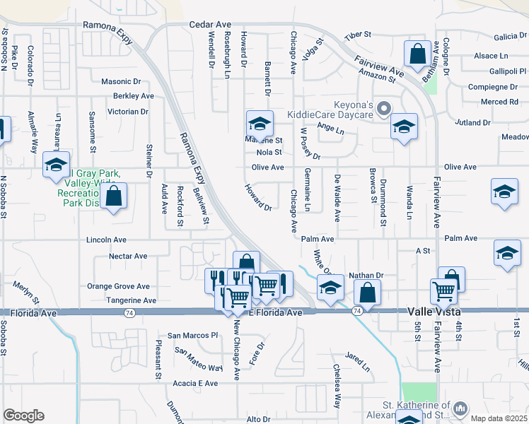 map of restaurants, bars, coffee shops, grocery stores, and more near 25337 Howard Drive in Hemet