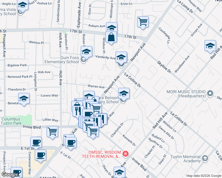 map of restaurants, bars, coffee shops, grocery stores, and more near 1020 Tustin Pines Way in Tustin
