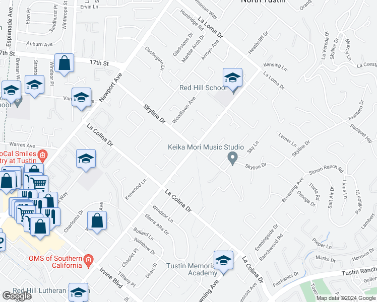 map of restaurants, bars, coffee shops, grocery stores, and more near 12261 Red Hill Avenue in Santa Ana