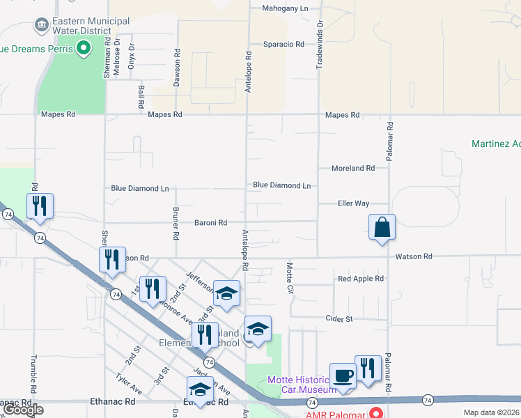 map of restaurants, bars, coffee shops, grocery stores, and more near 28040 Baroni Road in Menifee